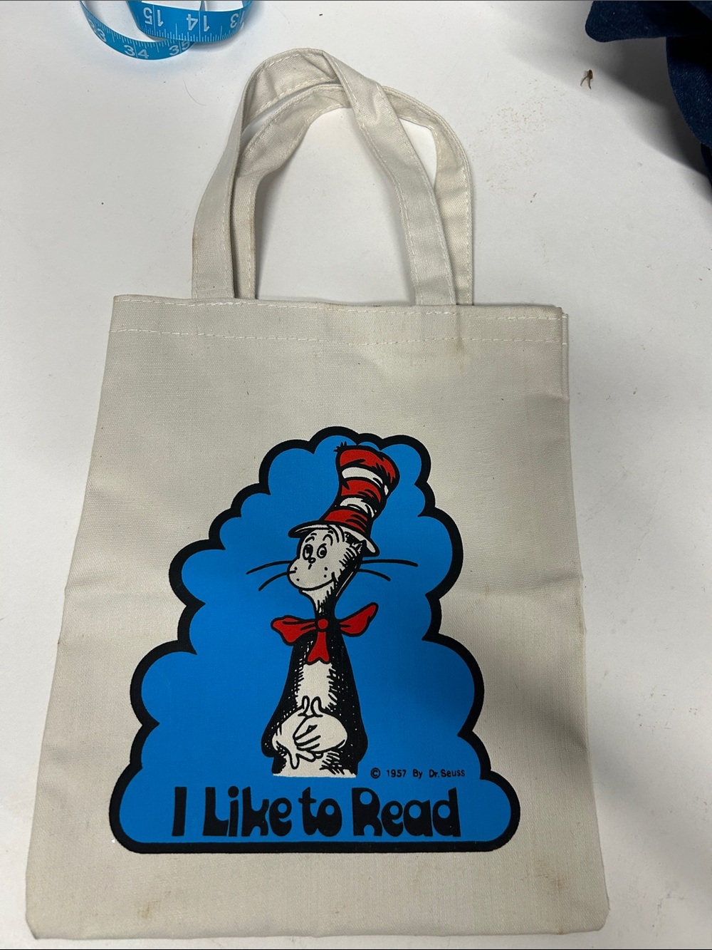 Dr. Seuss Cream Tote with Blue and Red Cat in the Hat Graphic vintage 1957